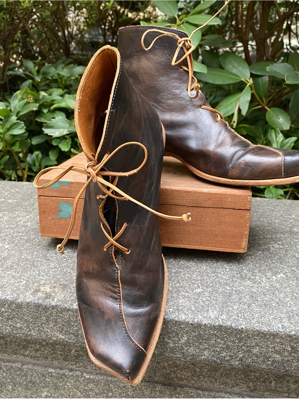 Classic Brown Leather Lace-Up Pointed Ankle Booties
